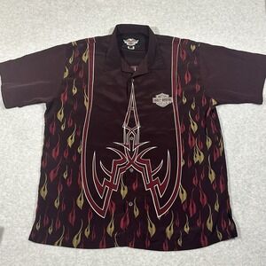 Vintage Harley Davidson Mens Burgundy‎ Short Sleeve Button Up Shirt Size XL